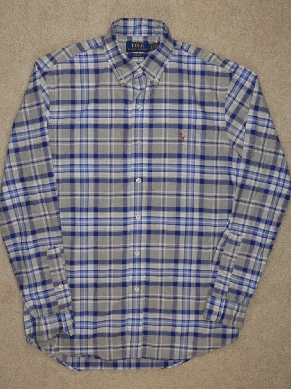 Polo Ralph Lauren- Mens Small Classic Fit Plaid Button down shirt Blue, Gray